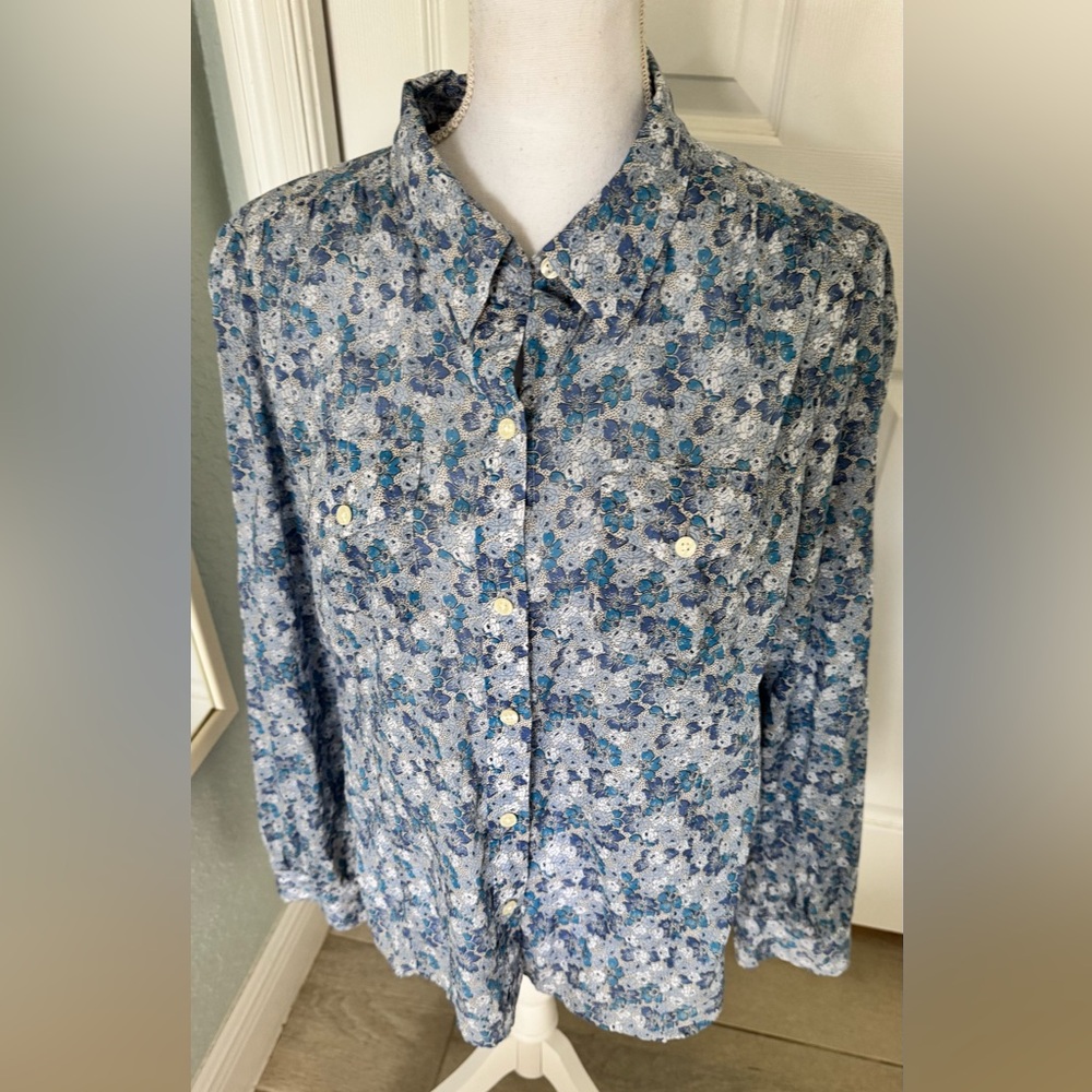 Lucky Brand Blue Floral 100% Cotton Button Front Shirt XL Boho Cottagecore